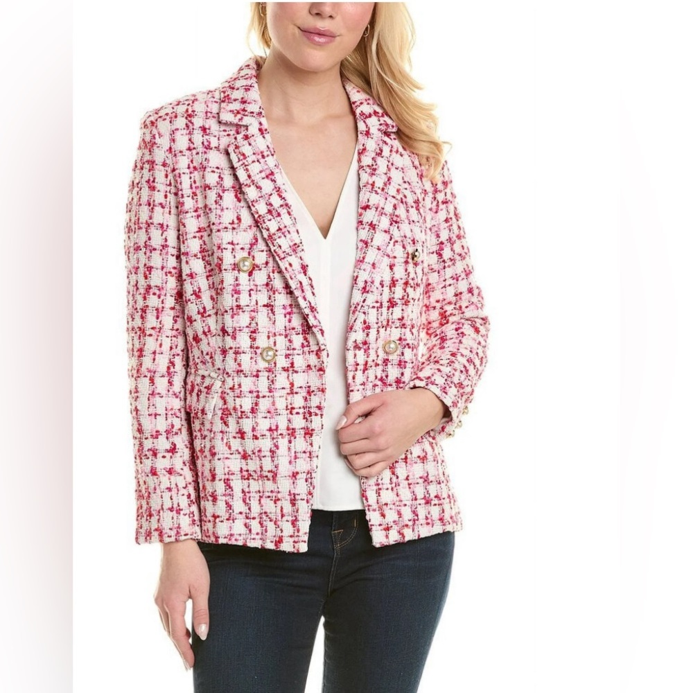 Nanette Nanette Lepore Dalston Bouclé Pink Tweed Blazer Sz 14 Open Front Chic